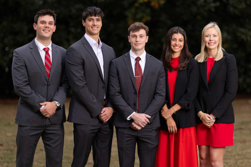 Terry College of Business Student of the Year Alex Womack, center, with other student of the year finalists, from left, Whit Thoms, Ethan Craig, Madeline Pierce and Mattie Garrett.