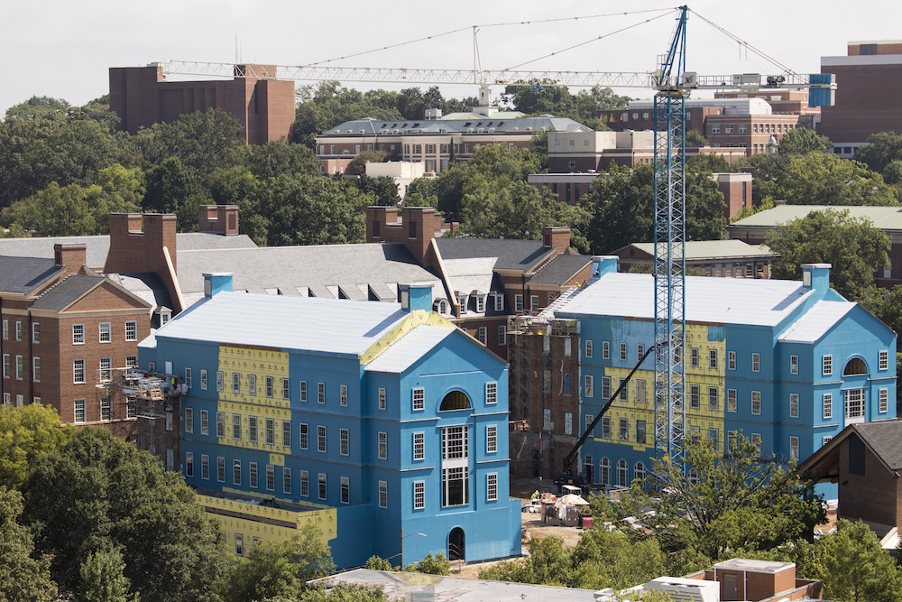 The Terry College Business Learning Community, still under construction, from above via drone.