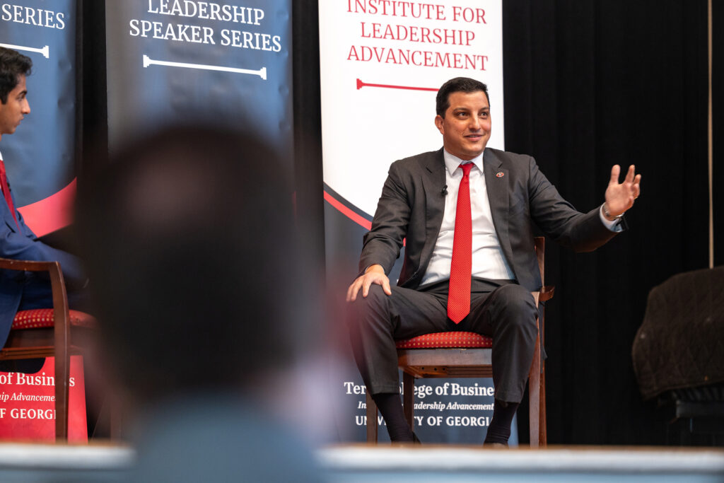 Paul Shoukry on stage at Terry Leadership Speaker Series