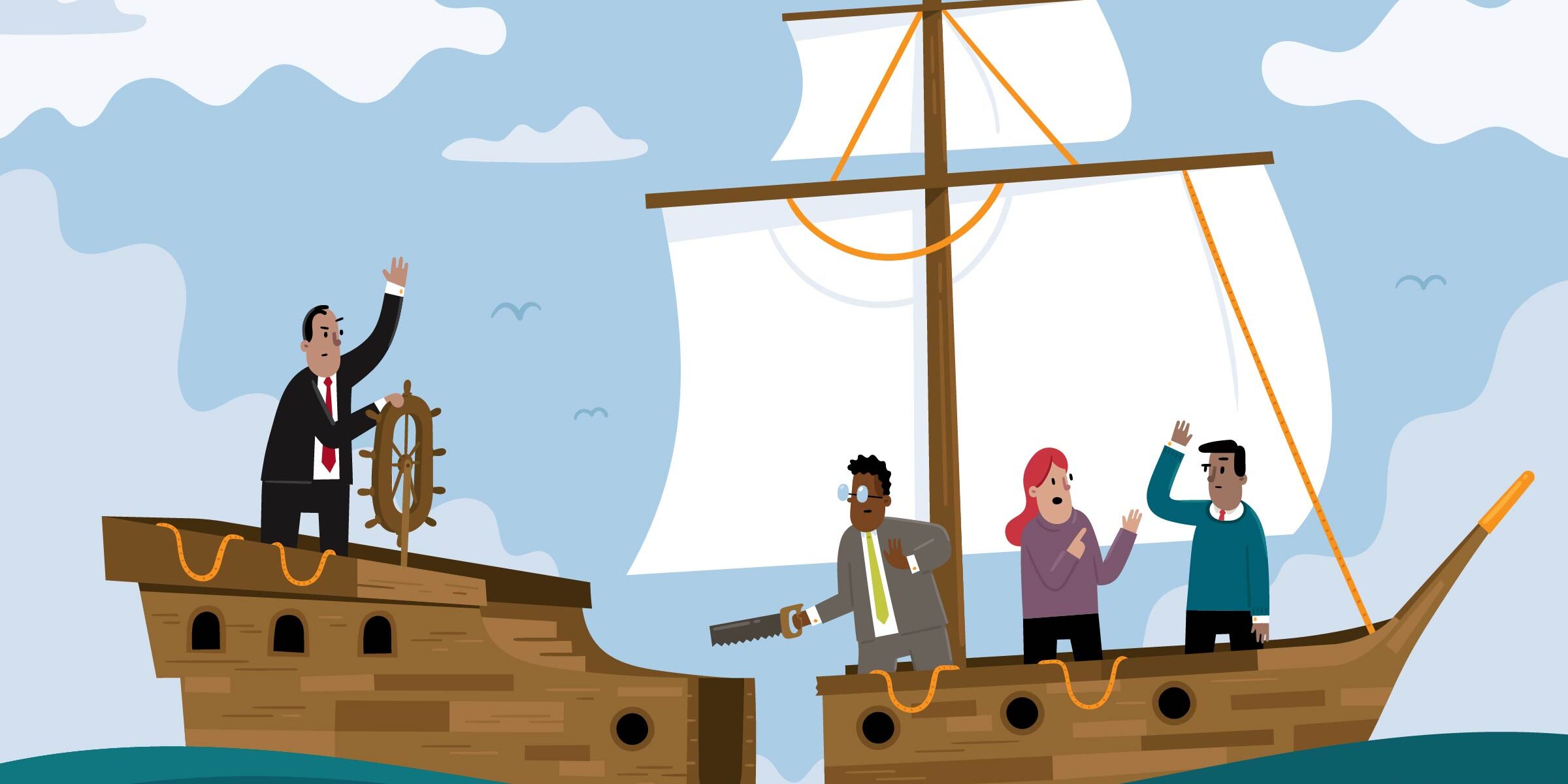 Booting Toxic founders and CEOS can help or hurt brand reputation An illustration of a sailing ship's crew cutting their ship in half to separate from their captain.